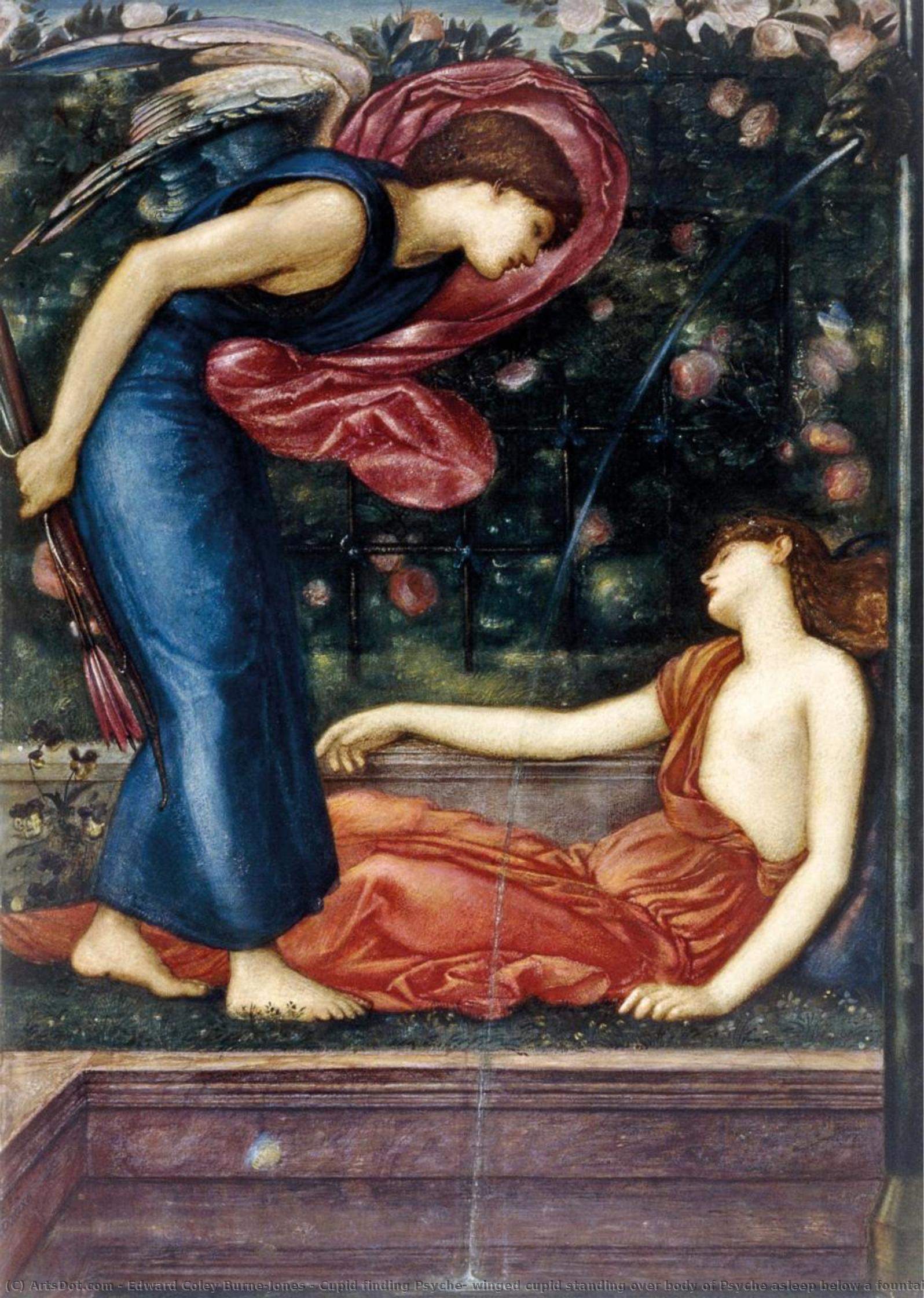 Cupid Finding Psyche: Winged Cupid Standing Over Body Of Psyche Asleep Below A Fountain, Roses On A Trellis Behind — Edward Coley Burne-jones