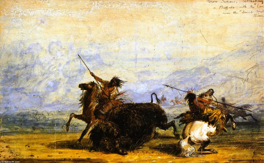 Crow Indians Attacking A Buffalo With The Lance Near The Sweet Water River — Alfred Jacob Miller