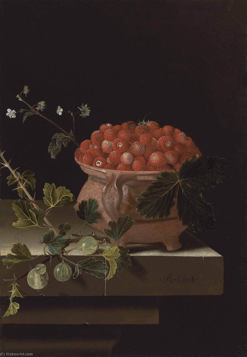 English A Bowl Of Strawberries With Gooseberries On A Stone Ledge Nederlands Een Kom Aardbeien Met Kruisbessen Op Een Stenen Richel — After Adriaen Coorte