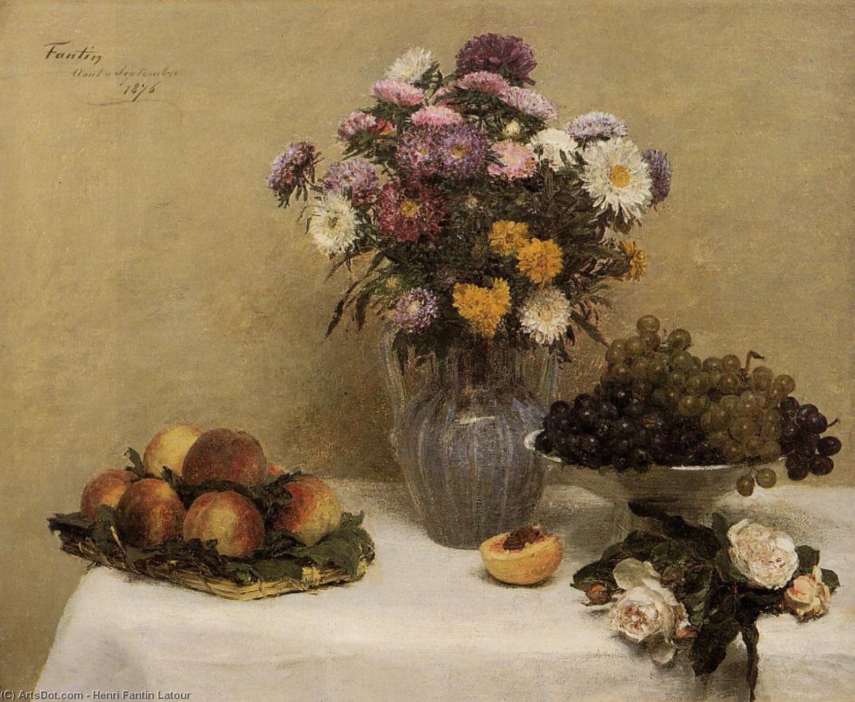 White Roses, Chrysanthemums In A Vase, Peaches And Grapes On A Table With A White Tablecloth — Henri Fantin-latour