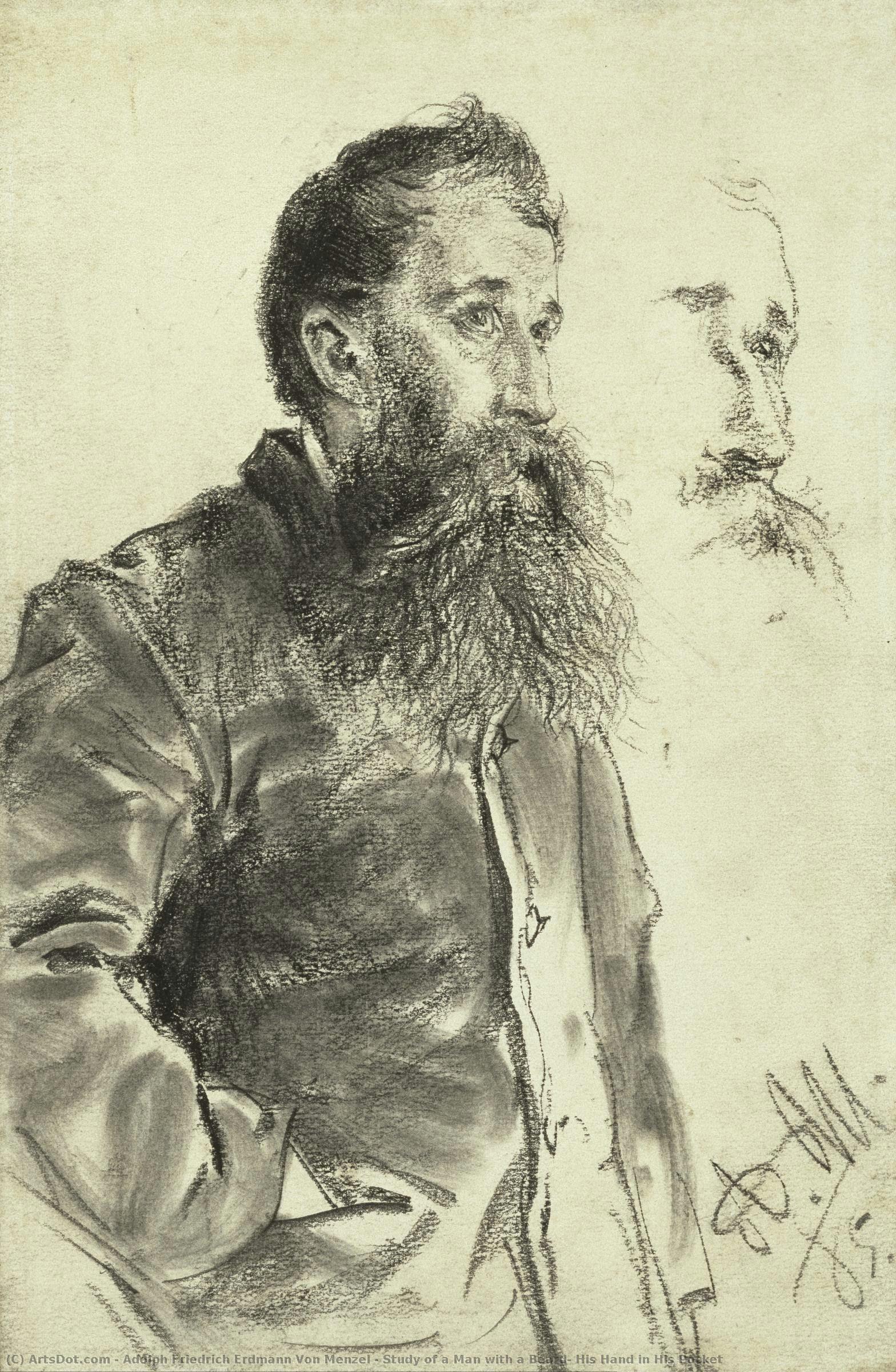 Study Of A Man With A Beard, His Hand In His Pocket — Adolph Friedrich Erdmann Von Menzel