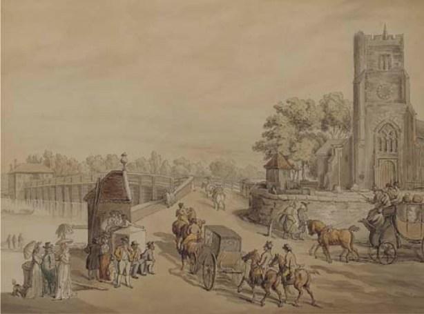 Bustling Activity Before St. Mary's Church With Putney Bridge Beyond — Thomas Rowlandson