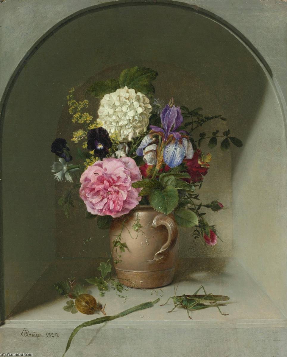 Flowers In A Clay Jug On A Niche With Grasshopper — Johann Wilhelm Preyer