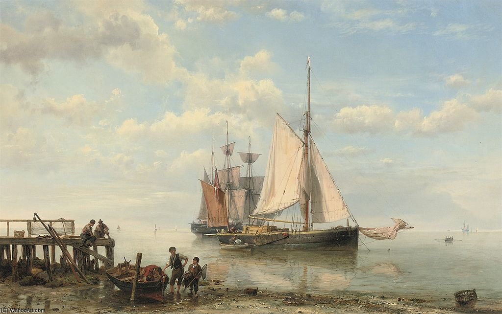 Sailing-vessels By A Coast On A Calm Sea — Hermanus Junior Koekkoek