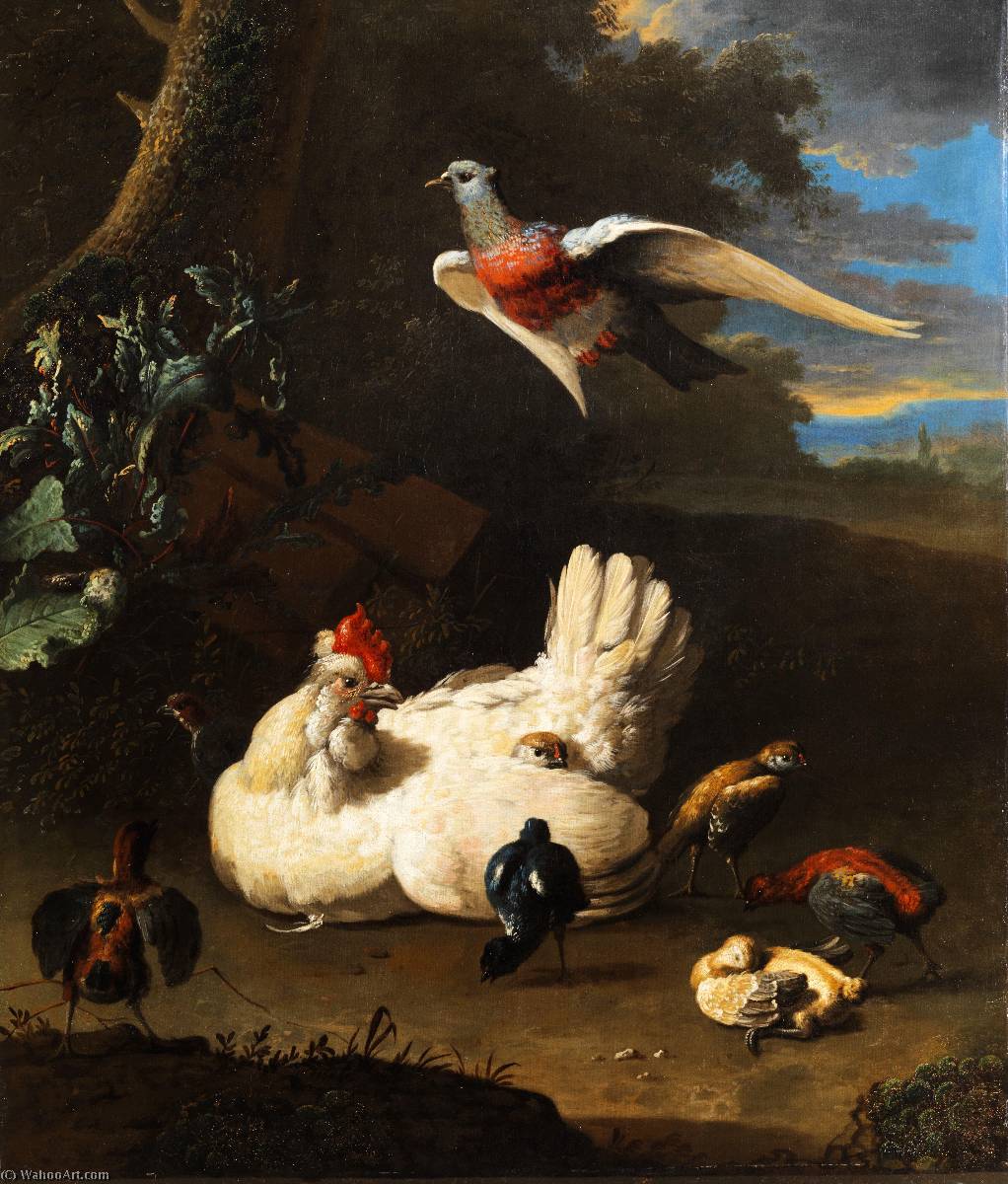 Deutsch Federvieh (henne, Küken, Wachteln, Taube) In Landschaft Unter Einem Baum — Melchior De Hondecoetter