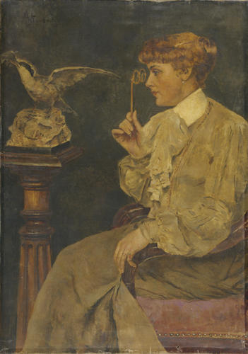 Portrait D'une Femme, Regardant Un Oiseau Empaillé — Alfred Stevens