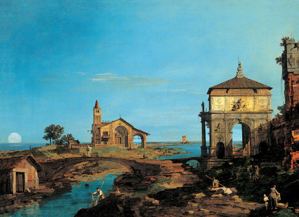 Eine Insel Im Lagunengewässer Mit Einem Tor Und Einer Kirche — Giovanni Antonio Canaletto