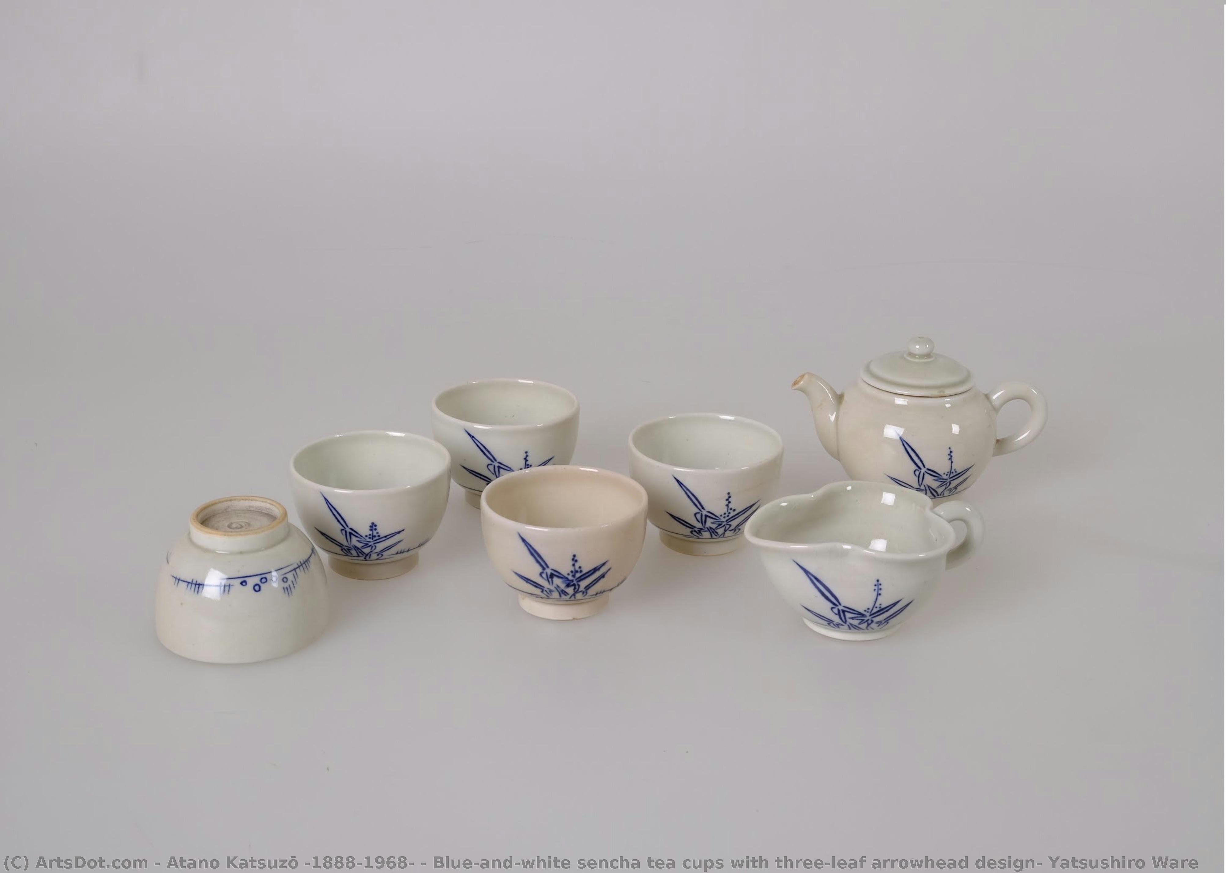 Blue-and-white Sencha Tea Cups With Three-leaf Arrowhead Design, Yatsushiro Ware — Atano Katsuzō (1888-1968)