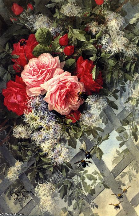 Roses La France And Jack Noses With Clematis On A Latice Work, No. 36 — Paul De Longpré