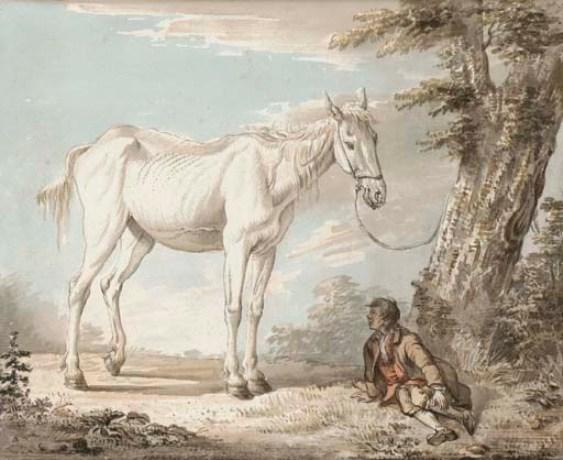 An Old Grey Horse Tethered To A Tree, A Boy Resting Nearby — Paul Sandby