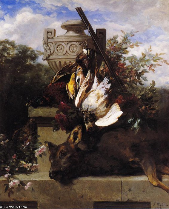 Still Life With Game And A Rifle On A Marble Ledge With An U.... A Flowery Landscape — Jean Baptiste Robie
