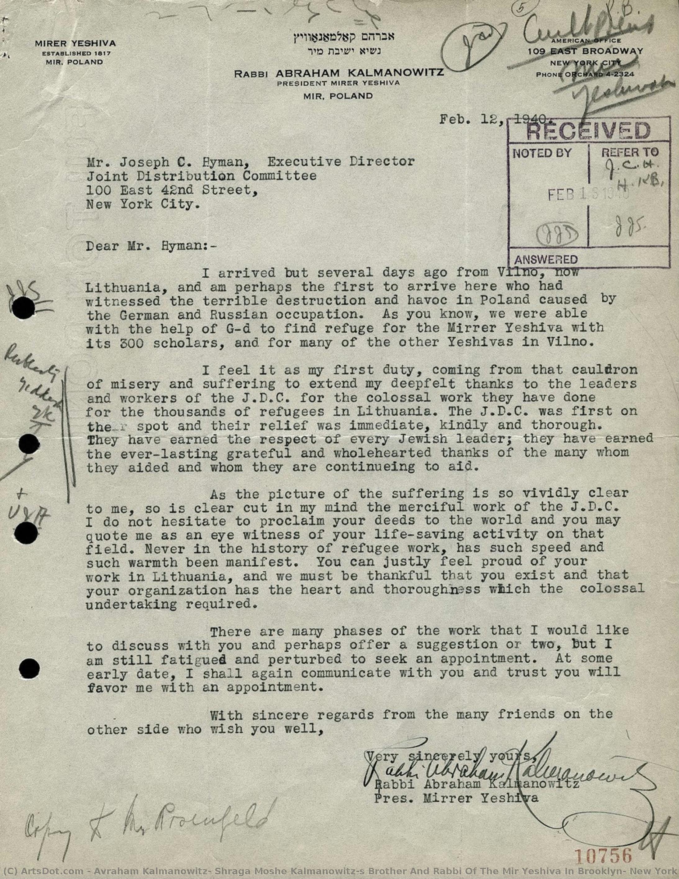 Rabbi Abraham Kalmanowitz To Joseph Hyman, Jdc Executive Director — Avraham Kalmanowitz, Shraga Moshe Kalmanowitz's Brother And Rabbi Of The Mir Yeshiva In Brooklyn, New York From 1946 To 1964