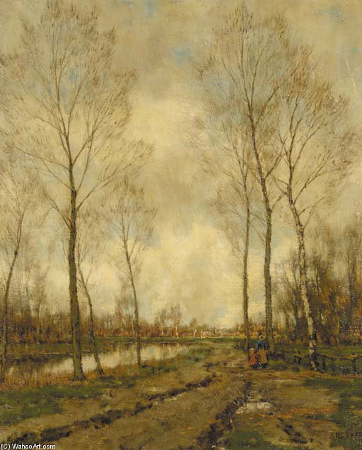 A Mother And Child Strolling Along A Waterway — Arnold Marc Gorter