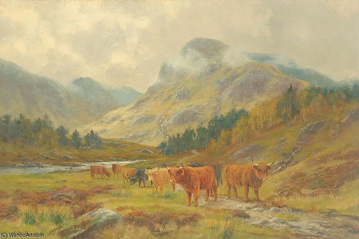 Highland Cattle Grazing In A Mountain Landscape With Low Clouds — Louis Bosworth Hurt