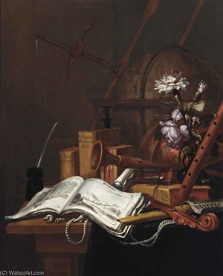 A Vanitas Still Life With An Illustrated Book — Vincent I Laurensz Van Der Vinne