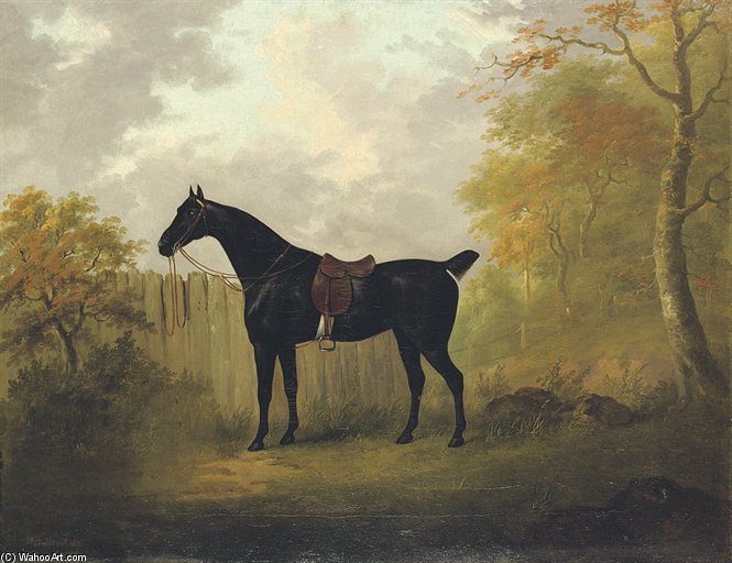 A Saddled Bay Hunter By A Fence, In A Wooded Landscape — John Nost Sartorius