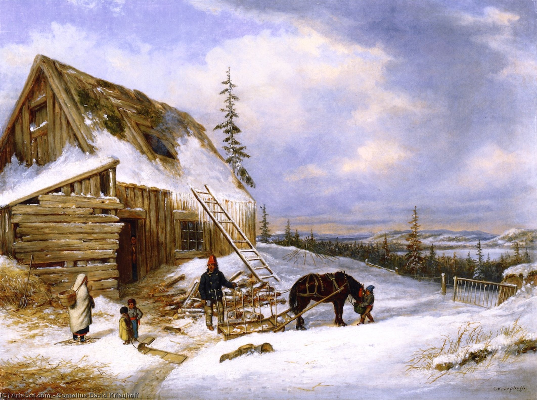 Log Cabin, Winter Scene, Lake St. Charles — コーネリアス・ダービッド・クリーホフ