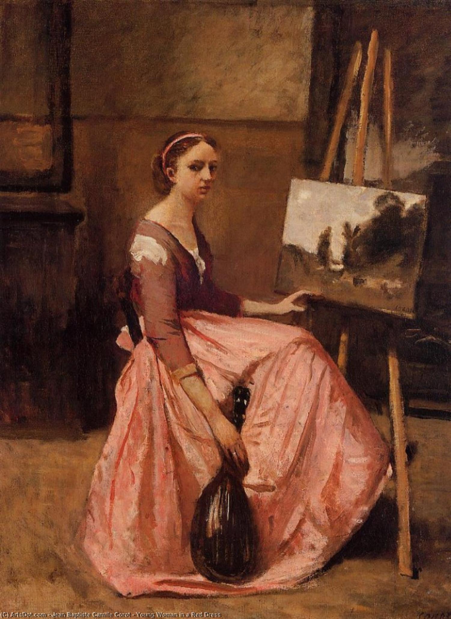 Young Woman In A Red Dress — Jean-baptiste-camille Corot