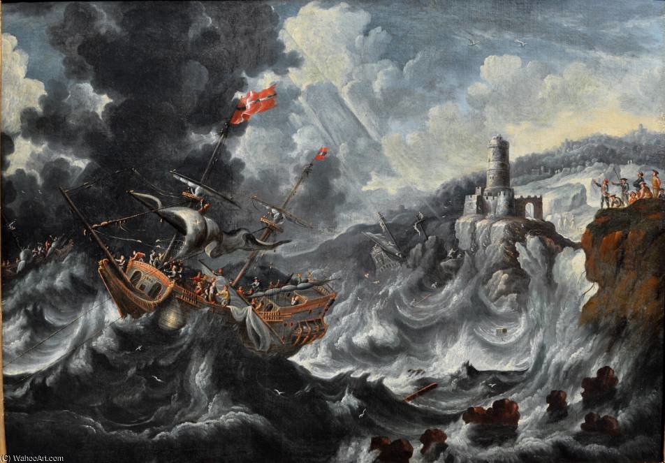 A Coastal Landscape With Ships Caught In A Storm — Cornelis Mahu