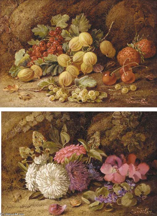 Asters, Pansies And Violets On A Mossy Bank; And Strawberries, Cherries, Gooseberries And Redcurrants On A Mossy Bank — Vincent Clare