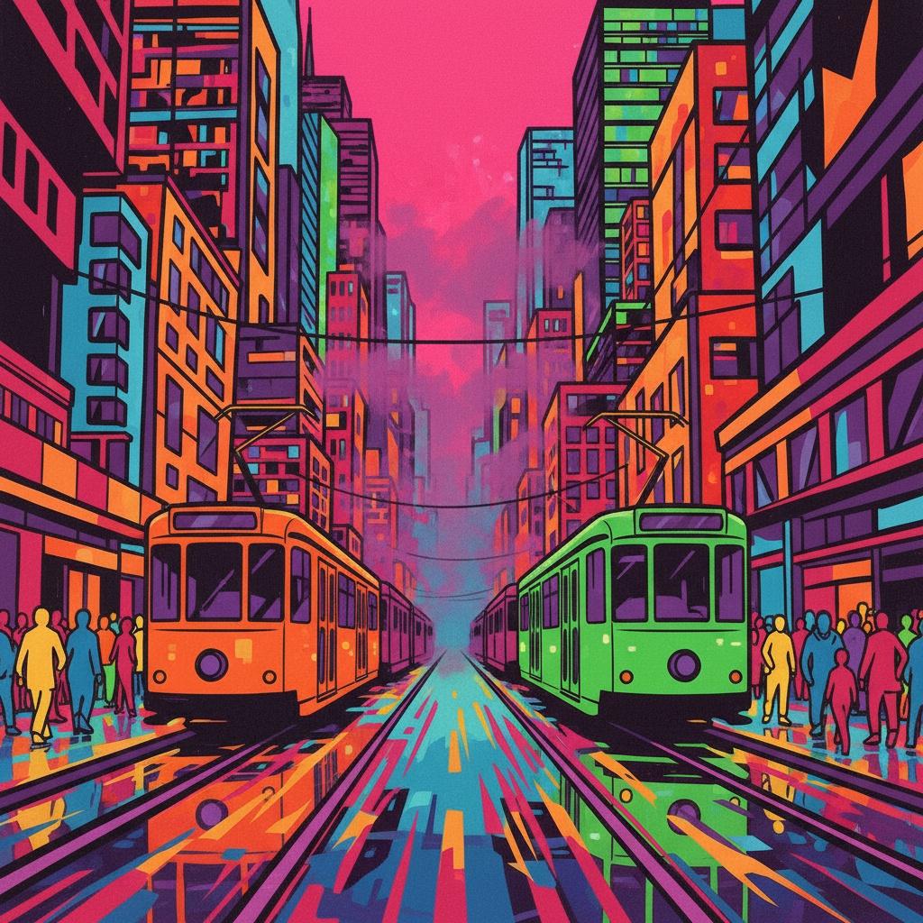 Chromatic Convergence: A Monumental Symphony Of Urban Motion And Vibrant Geometric Light — Caroline Pelletier