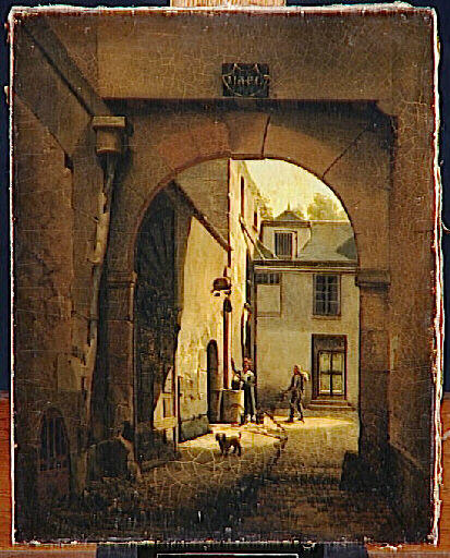 Cour D'une Maison De Paris, Avec Puits, Personnages Et Chien — Bouhot Etienne