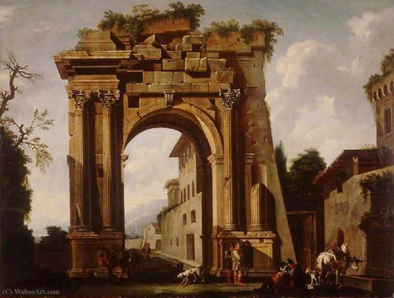 Architectural Capriccio, With The Arch Of Titus And The Figures Of Travellers — Jacob De Heusch