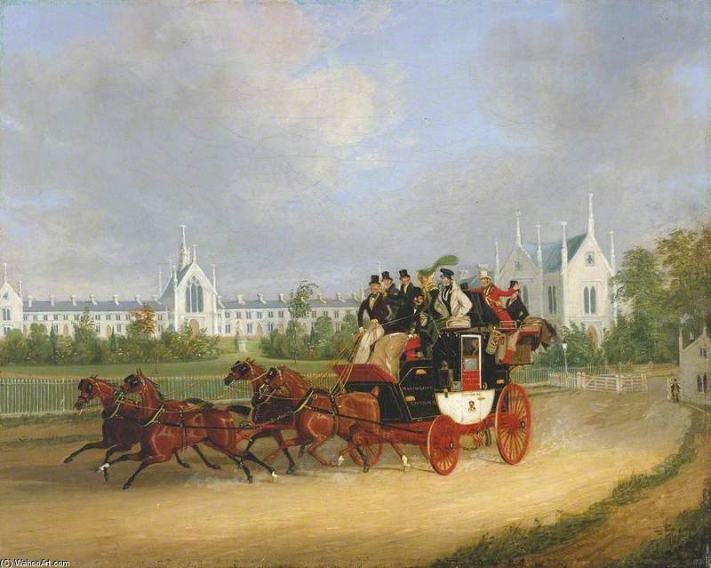 The 'tally-ho' London - Birmingham Stage Coach Passing Whittington College, Highgate — James Pollard