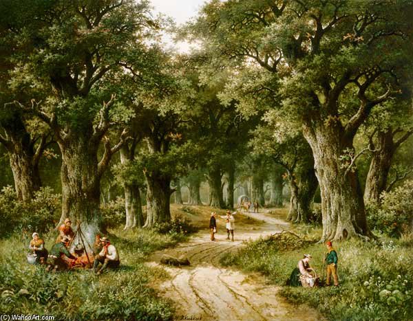 Country People At A Fire Place On The Edge Of A Woodland Path — Hendrik Barend Koekkoek