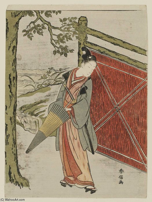 Young Man With Umbrella Beside A Fence — Suzuki Harunobu
