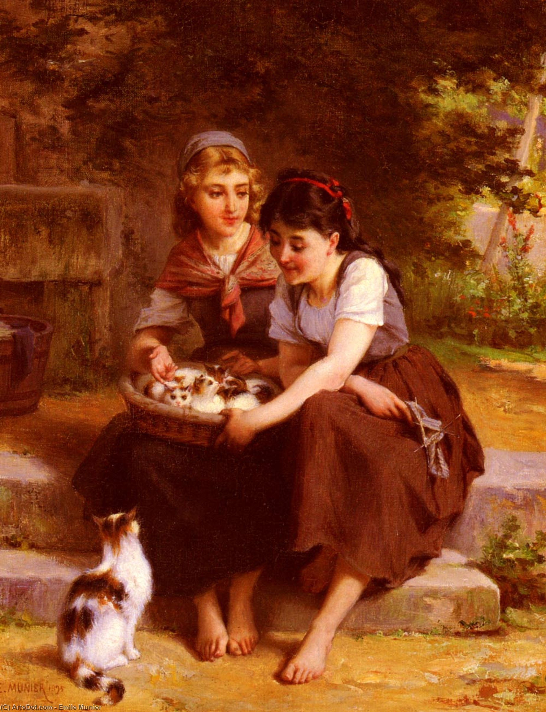 Two Girls With A Basket Of Kittens — Émile Munier