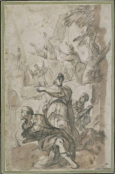 Three Figures Watching A Crowd Of People Worshiping An Idol On An Altar — Luca Giordano