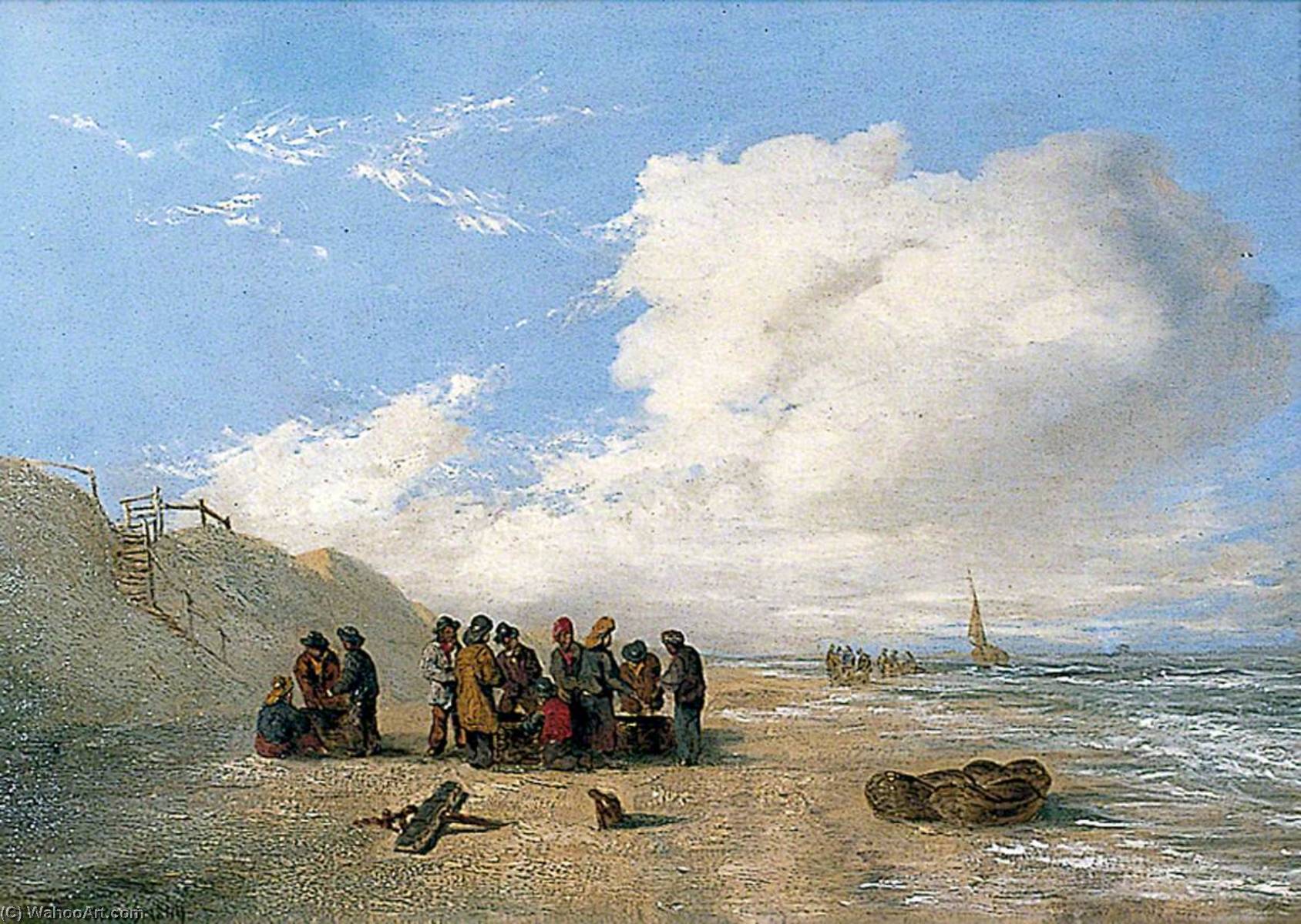 Beach Scene With Fishermen And Fishing Baskets In The Foreground — Alfred Priest