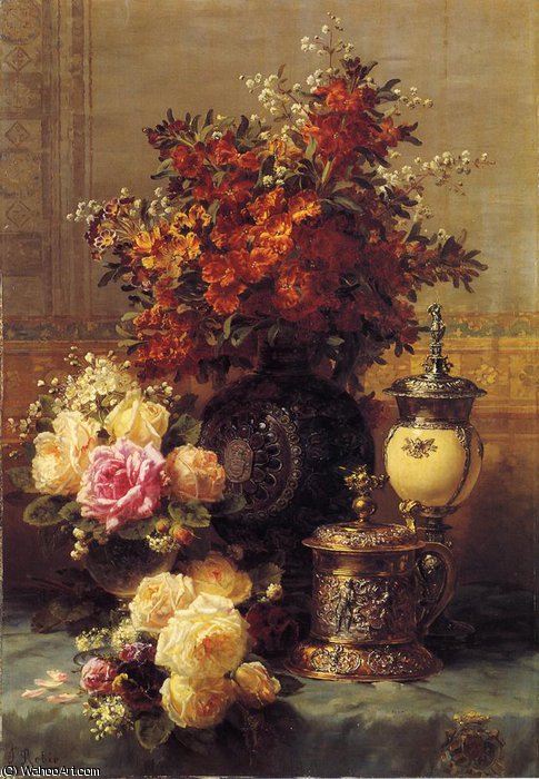 Still Life Of Roses And Other Flowers - A Silver-gilt Ostrich....table In An Interior — Jean Baptiste Robie