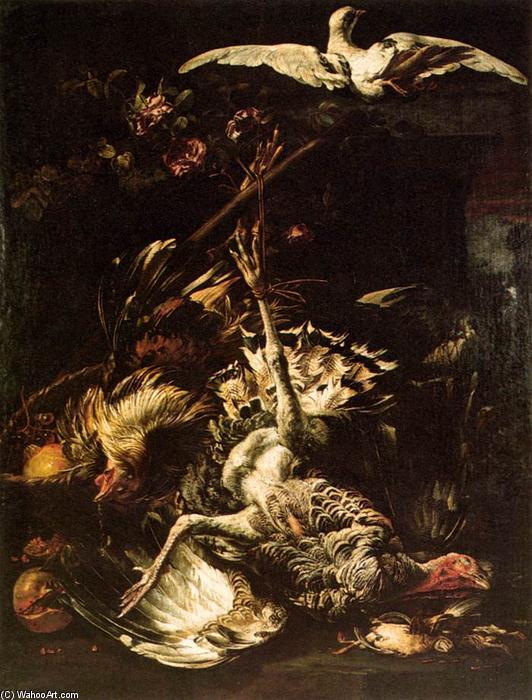 Still-life With Turkey, Fruit And Flying Pigeon — Baldassarre De Caro