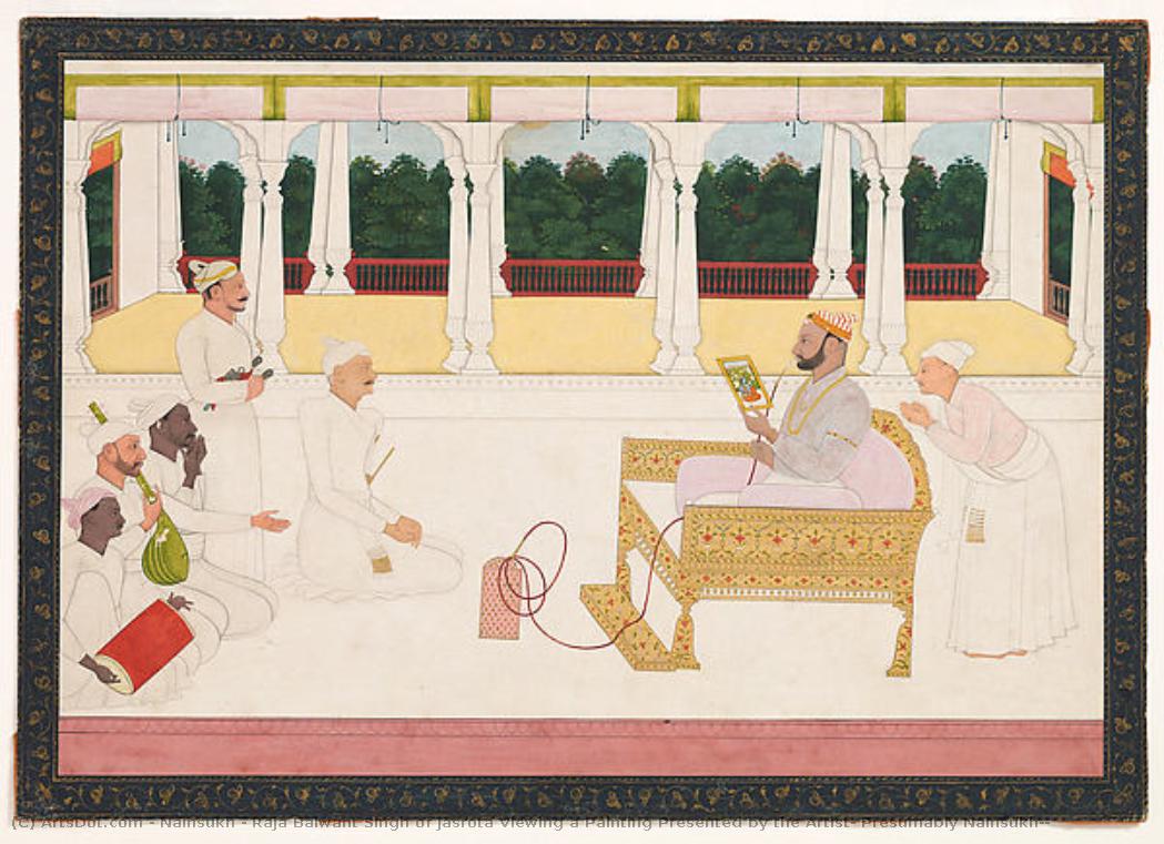 Raja Balwant Singh Of Jasrota Viewing A Painting Presented By The Artist, Presumably Nainsukh — ナンシク (nanshiku)