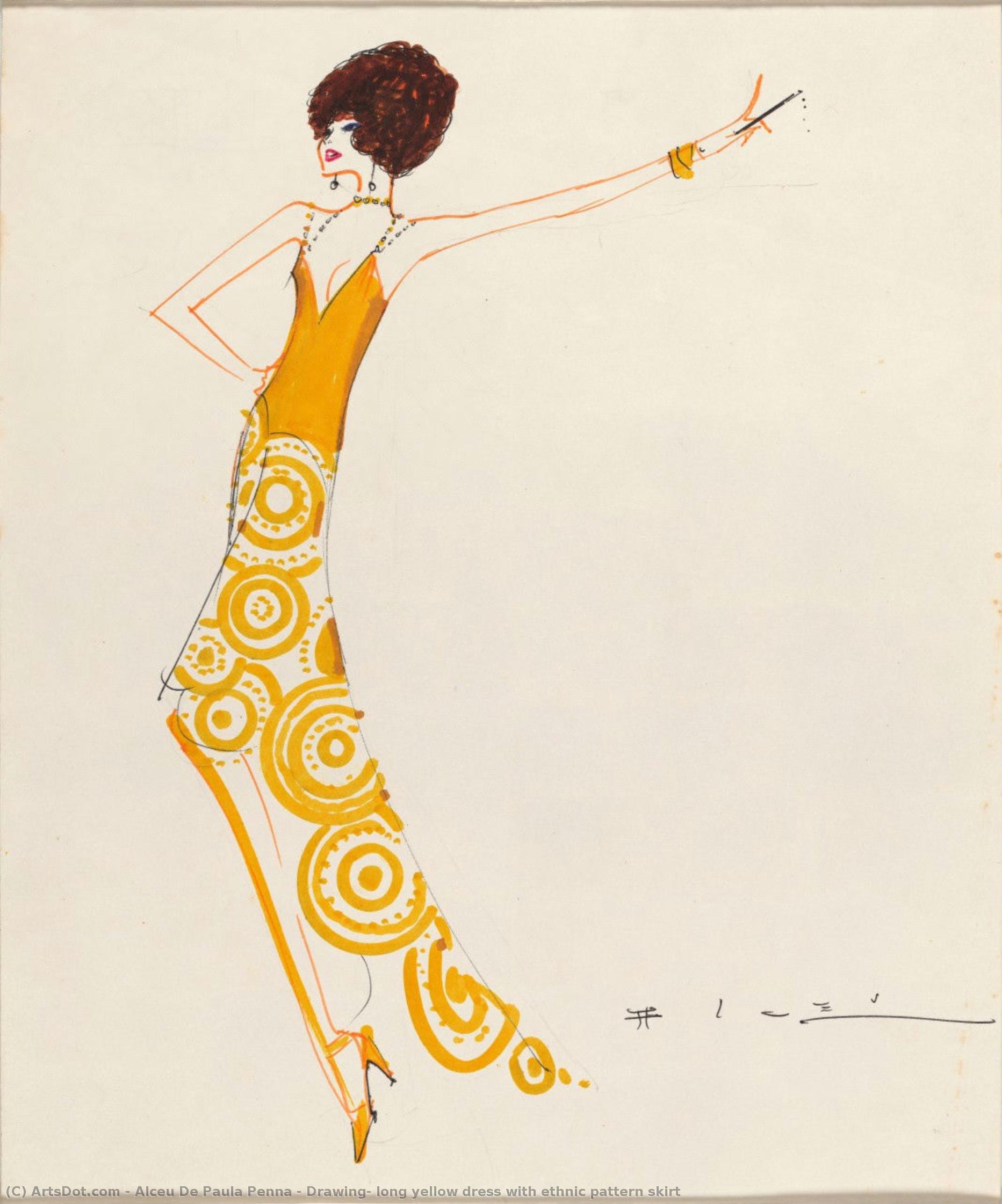 Drawing, Long Yellow Dress With Ethnic Pattern Skirt — Alceu De Paula Penna