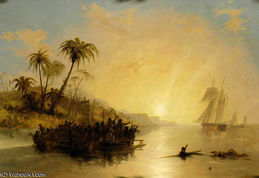A British Surveying Ship In The South Pacific Greeted By Islanders In Outrigger Canoes — John Wilson Carmichael