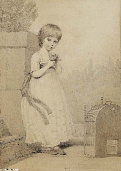 Portrait Of Miss Morice The Younger, In A Dress And A Sash Holding A Bird — Henry Edridge