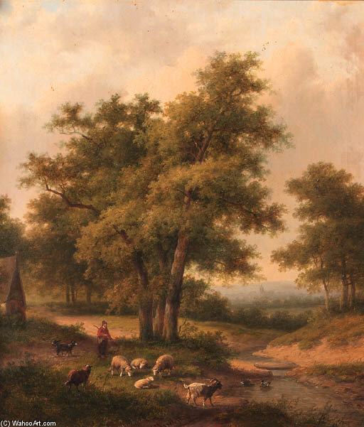 A Shepherd And His Flock In A Wooded Landscape — Jan Evert Morel