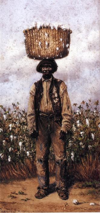 Negro Man In Cotton Field With Basket Of Cotton On Head — William Aiken Walker