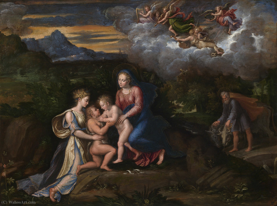 Virgin And Child In A Landscape With The Child Baptist And Saint Catherine Of Alexandria — Girolamo Da Carpi