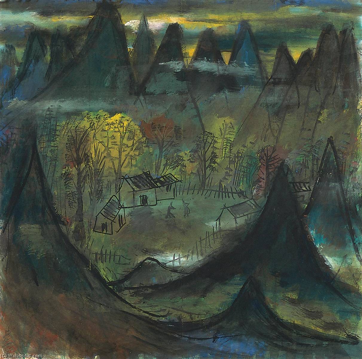Village In Mountains — Lin Fengmian Flying Geese Over The Lotus Pond