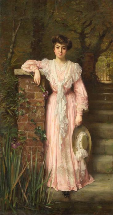 A Portrait Of A Lady In A Garden Wearing A Pink Dress Holding An Iris — Thomas Benjamin Kennington