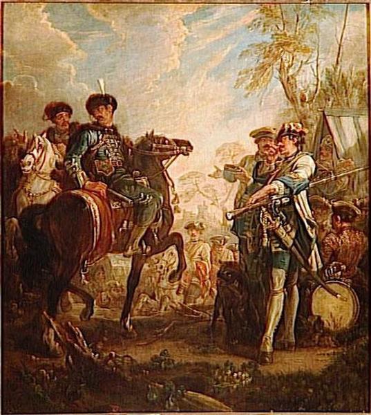 Scene De La Vie Militaire Sous Louis Xv Garde Francaise Et Hussards Pres D'un Camp — Charles Parrocel