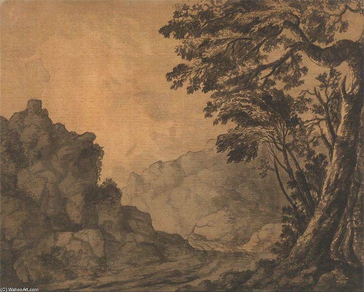 A Road In A Mountain Landscape With Trees To The Right — Alexander Cozens