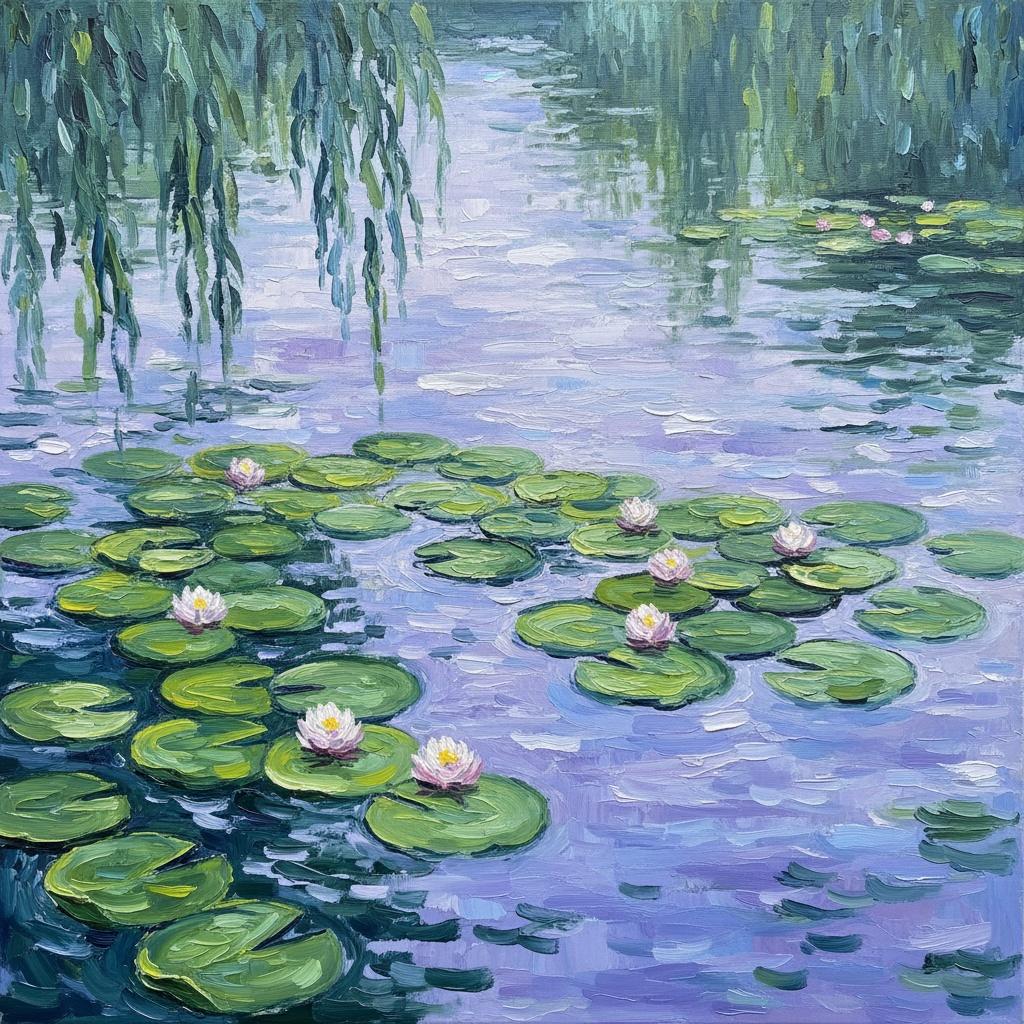 Serene Reflections Of Lavender Lilies Beneath The Weeping Willow's Silent Veil — Christian Noiret