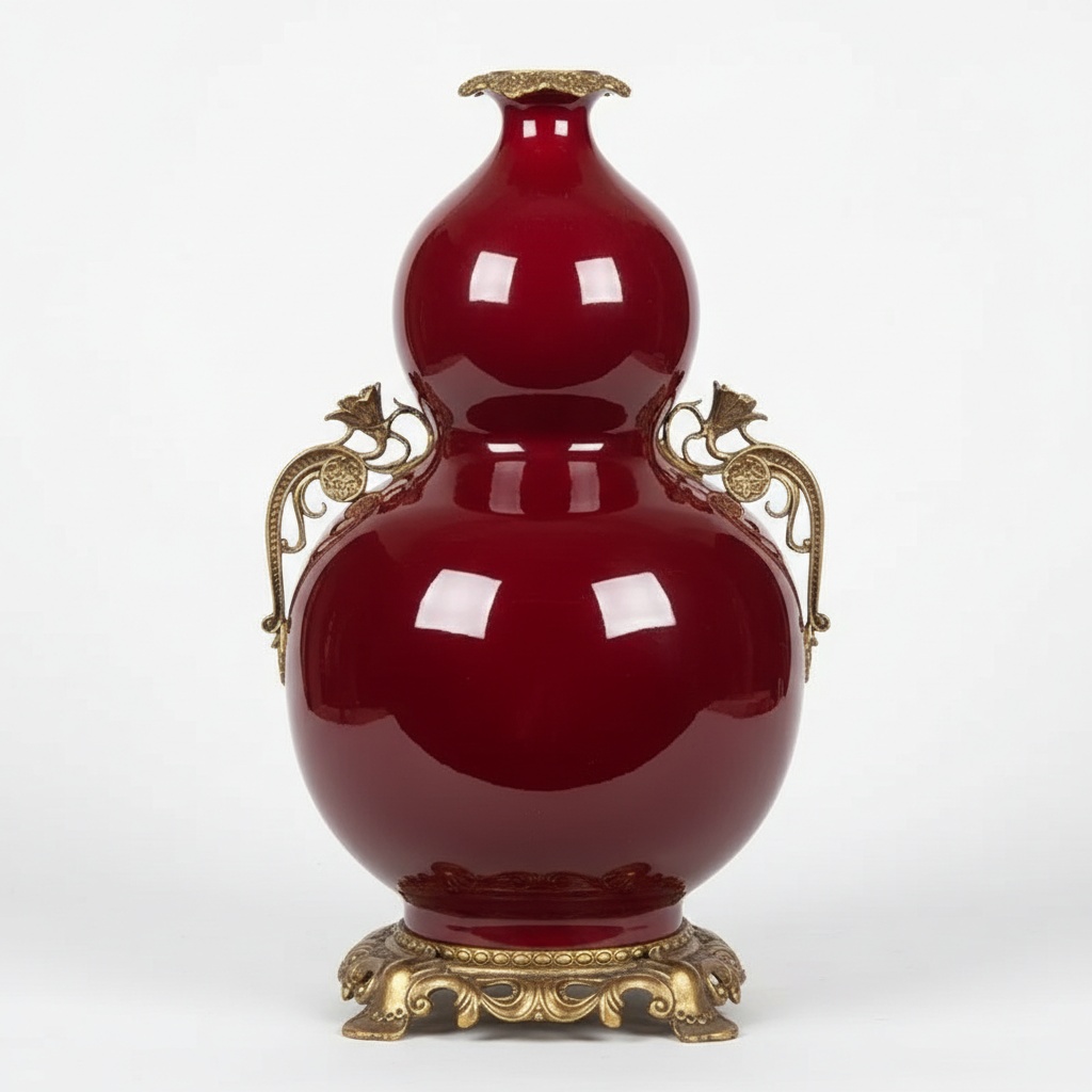 Gourd-shaped Red Ceramic Vase With Gold Accents - 18" Tall