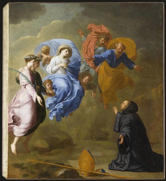 Apparition De La Vierge Accompagnee De Sainte Agnes Et De Sainte Thecle A Saint Martin Dit Autrefois Apparition De Sainte Scholastique A Saint Benoit — Eustache Le Sueur