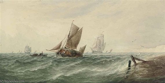 A Loaded Hay Barge And Other Shipping In Choppy Waters Off The White Cliffs Of Dover — Thomas Sewell Robins